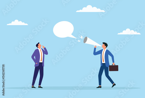 Vector illustration of a businessman delivering a message through a megaphone while another businessman listens, symbolizing business communication, leadership, and active listening

