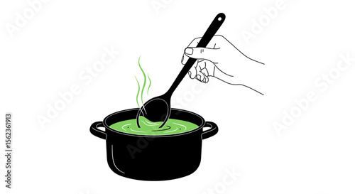Hand stirring green soup in black pot with steam on white background
