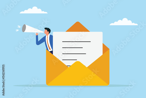 Vector illustration of a businessman announcing a message through a megaphone from inside a large envelope, symbolizing direct communication, marketing, and message delivery
