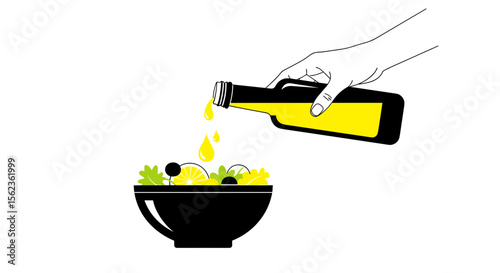 Hand pouring yellow oil into salad bowl with fresh vegetables on white background