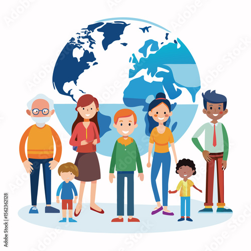 concept of World Population Day, A global diversity and community vector illustration featuring a diverse group of people from different ages and backgrounds surrounding the Earth, representing
