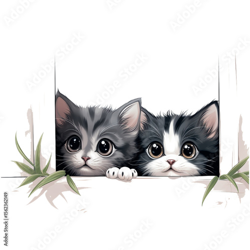 Two cute domestic kittens with beautiful eyes and fluffy fur