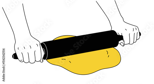 Hands rolling yellow dough with black rolling pin on white background