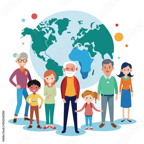 concept of World Population Day, A global diversity and community vector illustration featuring a diverse group of people from different ages and backgrounds surrounding the Earth, representing

