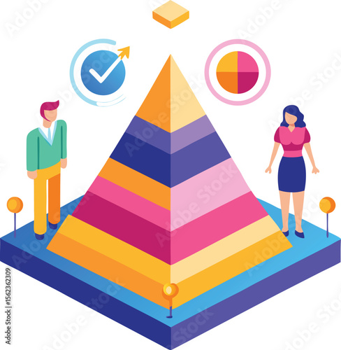 An isometric vector illustration showcasing a colorful layered pyramid with male and female figures, accompanied by data visualization icons, representing business strategy, growth, and organizational