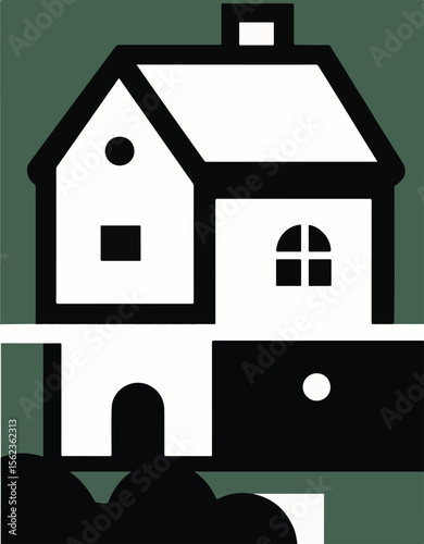 A minimalist vector illustration of a two-story house with a chimney, set against a dark green background, emphasizing its simple architectural form.