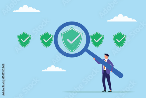 Vector illustration of a businessman analyzing security through a large magnifying glass, symbolizing detailed risk assessment, thorough inspection, and focus on protection and safety
