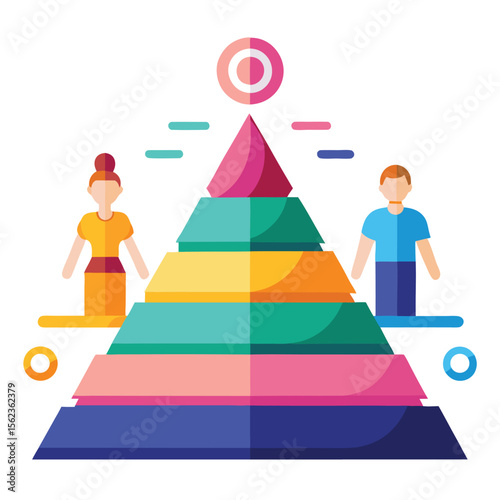 A flat design vector illustration depicting a colorful layered pyramid with a target at the top, flanked by male and female figures, symbolizing goal achievement, hierarchy, and a structured approach 