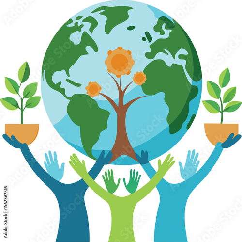 A sustainable environmental vector illustrating hands holding plants and a tree in front of a green Earth, symbolizing ecological care, nature conservation, and global responsibility,

