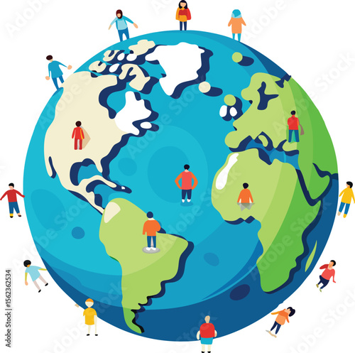 A global population distribution vector illustrating diverse people standing on different continents of the Earth, symbolizing human diversity and the concept of World Population Day,

