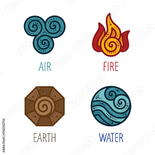 Colorful vector icons of four classical elements: air, fire, earth, and water. Decorative hand-drawn style with dots and spirals, ideal for mystical design, nature branding, tattoo, or esoteric themes