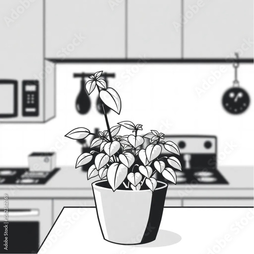 A potted basil plant on a kitchen counter