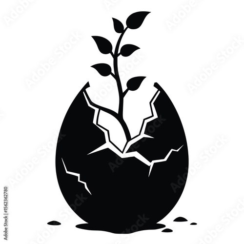 New Life Emerging Plant Sprouting from Cracked Eggshell Illustration