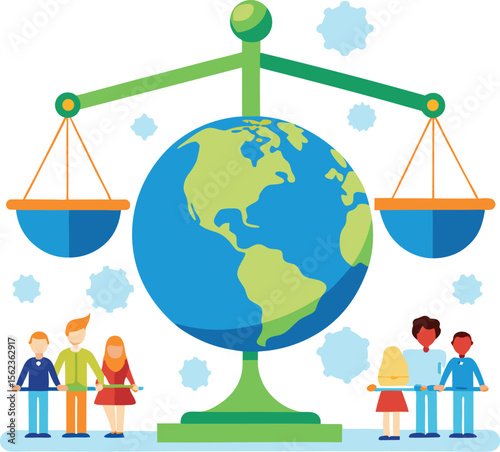 Equal Distribution of Resources on World Population Day: Diverse People and Global Earth on a Balance Scale Representing Equity and Justice Vector Illustration.

