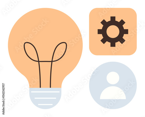 Lightbulb symbolizing ideas, gear for processes, and user icon for human-centric design. Ideal for brainstorming, innovation, teamwork, technology, problem-solving creativity collaboration. A