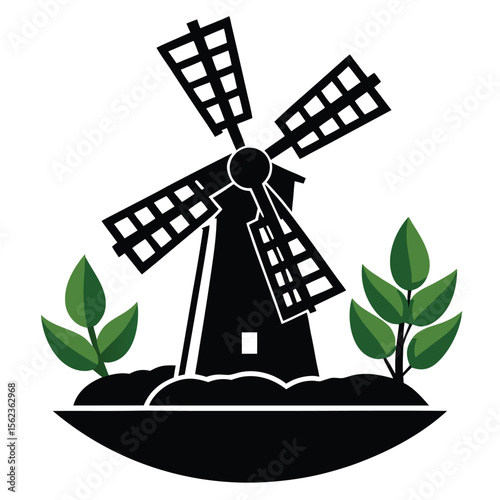 Classic Windmill Icon  Rural Landscape, Sustainable Energy Symbol