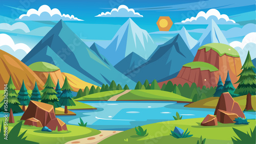 Cartoon Landscape with Mountains, Lake, Trees, Rocks, Sky, and Sunshine Scenery Illustration