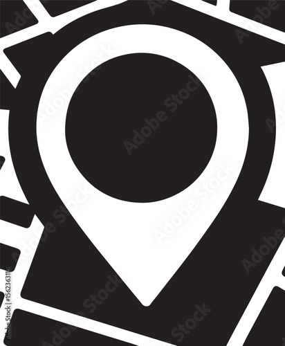 A simple vector icon features a large, prominent location pin with a dark center, overlaid on a minimalist map, symbolizing a point of interest or destination.