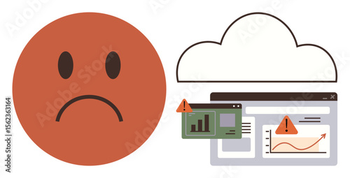 Sad face next to cloud storage and analytics dashboard marked with warning signs. Ideal for error, cloud issue, data problem, online storage risk, IT security, analytics failure, simple flat metaphor