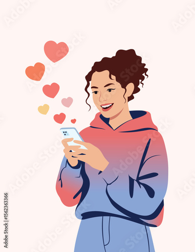 Happy Woman with Curly Brown Hair Using Smartphone Receiving Pink and Orange Hearts Social
