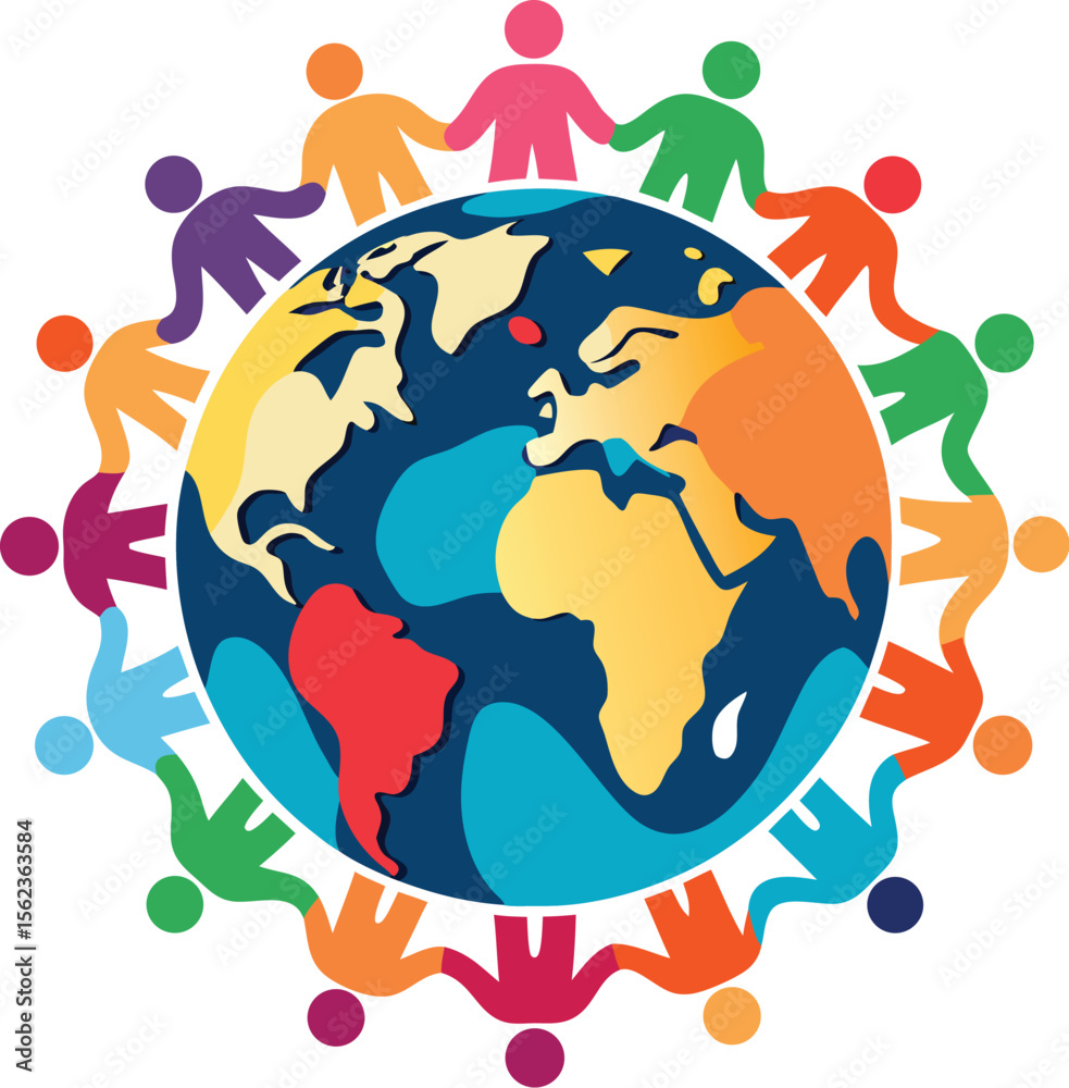 Naklejka premium Multicultural Global Unity: Diverse People Holding Hands Around Earth Celebrating World Population Day with Connected Community and Inclusivity Vector Illustration, Humanity Togetherness Concept