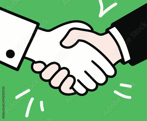 A crisp vector illustration of two hands shaking, one in a white sleeve and the other in a dark sleeve, set against a vibrant green background, symbolizing agreement or partnership.