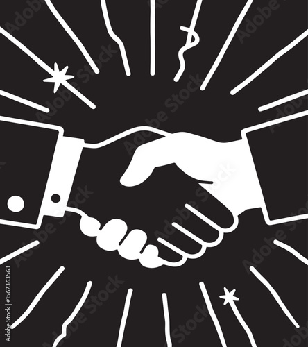 A bold, monochrome vector illustration depicts a handshake, emanating rays of light and sparkles, symbolizing agreement, partnership, or success against a black background.