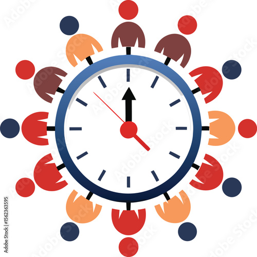 Team collaboration and time management concept vector illustration showing diverse people gathered around a clock for efficient workflow, productivity, and project planning.

