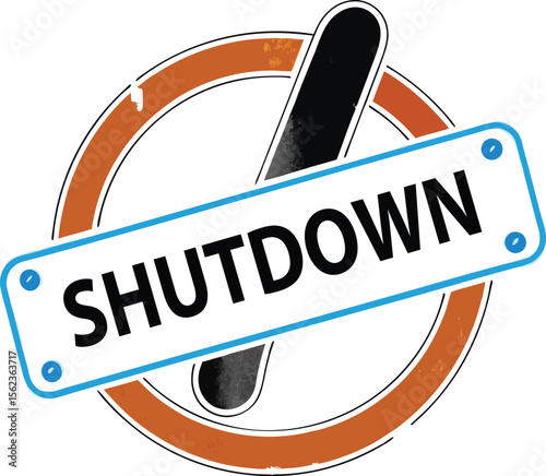 Orange and Blue "Shutdown" Sign with Intersecting Bar Vector Graphic

