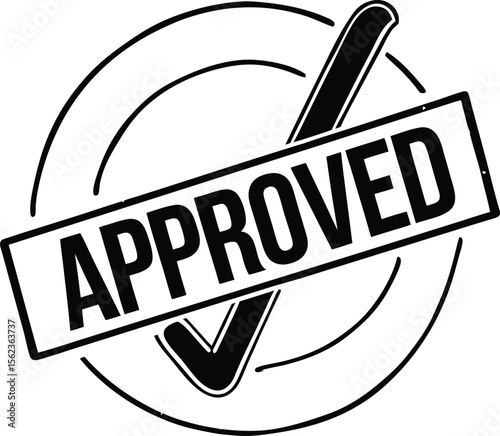 Distressed "Approved" Rubber Stamp with Checkmark Vector Illustration, Black and White

