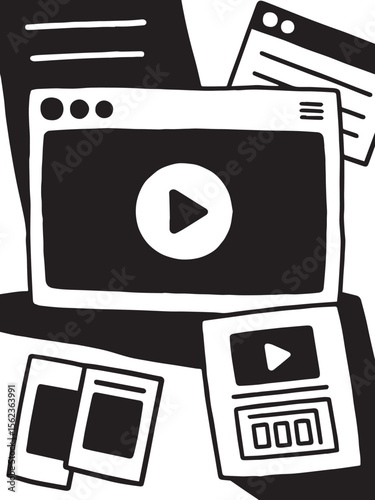 A dynamic vector image showing various digital media elements: a browser window with a play button, document outlines, and a media player interface, suggesting online content.