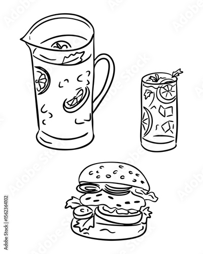 Hand drawn vector of picnic food including burger, pitcher of lemonade, and glass with ice and citrus slices. Concept of summer picnic, outdoor gathering, and casual festive meal.
