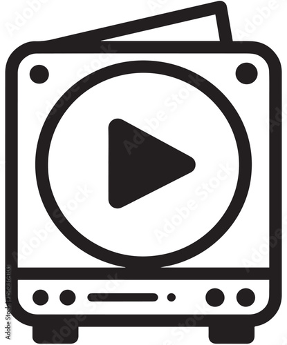 
A black and white vector icon of a media player or disc player, featuring a prominent play button and a slot for a disc, symbolizing multimedia playback.