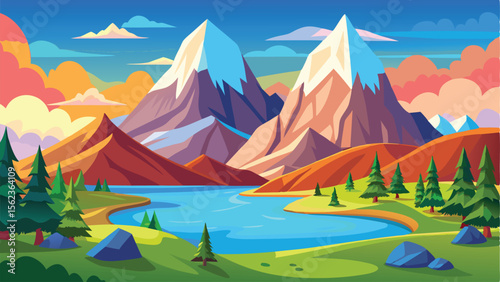 Illustrated Landscape Mountain Peaks, Forest, Tranquil Lake, and Colorful Sky Scenery