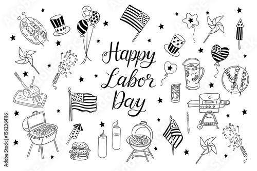 Hand drawn vector doodle set for Labor Day celebration with barbecue, flags, balloons, fireworks, and festive food. Concept of American holiday, summer party, and patriotic gathering