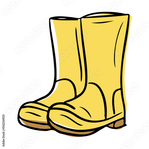 Hand drawn vector of yellow rubber boots with simple bold outlines on white background. Concept of gardening, rainy day protection, and outdoor country lifestyle