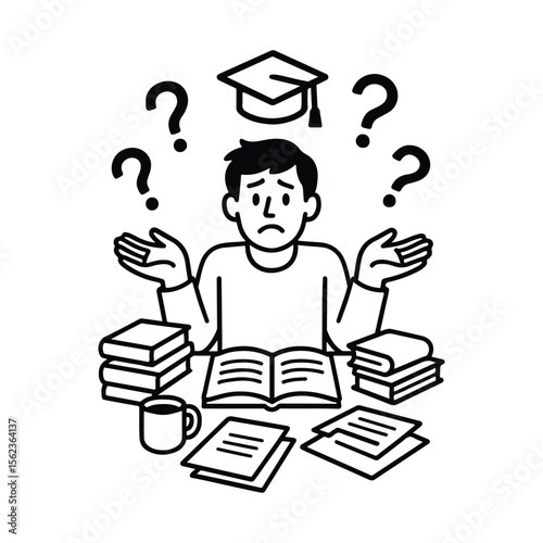Confused student surrounded by books papers and questions while preparing for final exam