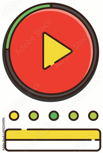 
A colorful vector icon featuring a large red play button with a yellow triangle, a green progress ring, and a bottom bar with progress indicators.