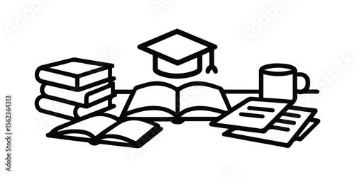 Illustration of organized study setup with textbooks paperwork and cup for focused learning session