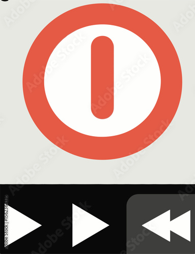 
A two-part vector image features a prominent red power button symbol at the top and a media player control bar at the bottom with white play and rewind buttons, all against a grey background.