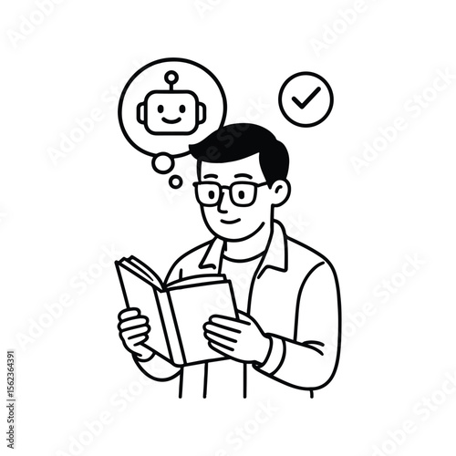 Man reading book and imagining friendly robot while learning about artificial intelligence concepts