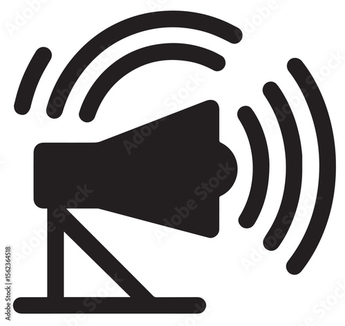 A vector icon displays a megaphone or speaker on a stand, emitting sound waves, symbolizing announcements or broadcasts.