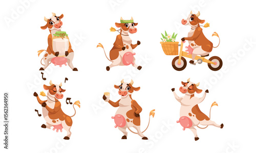 Delightful and Charming Cartoon Cows Engaged in Various Fun and Exciting Activities