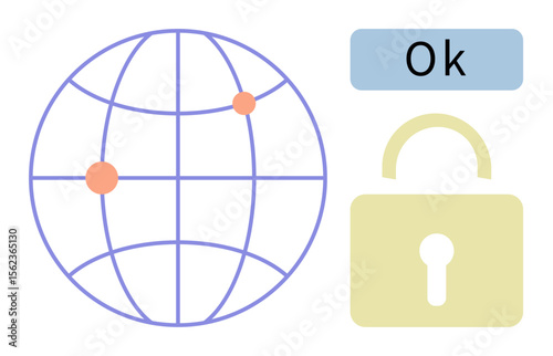 Globe representing internet connectivity with location points, golden lock symbolizing security, and OK text for confirmation message. Ideal for cybersecurity, data protection, internet safety