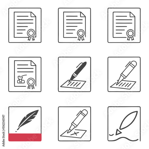 Collection of nine line art icons representing legal documents certifications signatures and writing instruments suitable for business and legal concepts