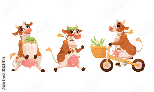 Adorable Cartoon Cows Happily Riding Bicycles and Joyfully Dancing Together, Enjoying Life