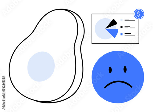 Avocado paired with financial chart and sad face indicates high living costs, budgeting struggles, or price inflation. Ideal for finance, economics, lifestyle, market trends, emotions, affordability