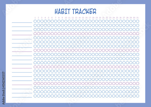 Blue habit tracker. Blank monthly checklist to-do list. Tracking habit empty planner. printable A4