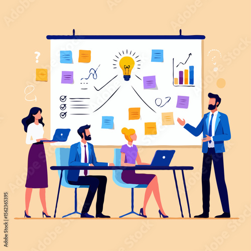 Business team brainstorming ideas and planning strategy on a whiteboard
