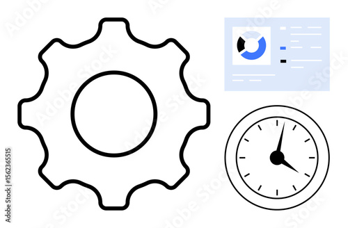 Gear symbolizing settings, clock for time management, and analytics dashboard for data insights. Ideal for productivity, time efficiency, process improvement, business analysis, data management
